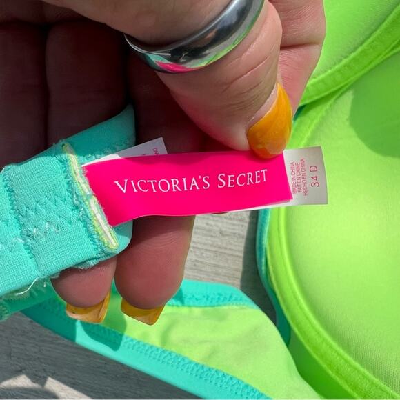 Victoria’s Secret 34D Teal Daisy Cutout Bandeau Bikini Top Halter tie Neon Green - Picture 4 of 5